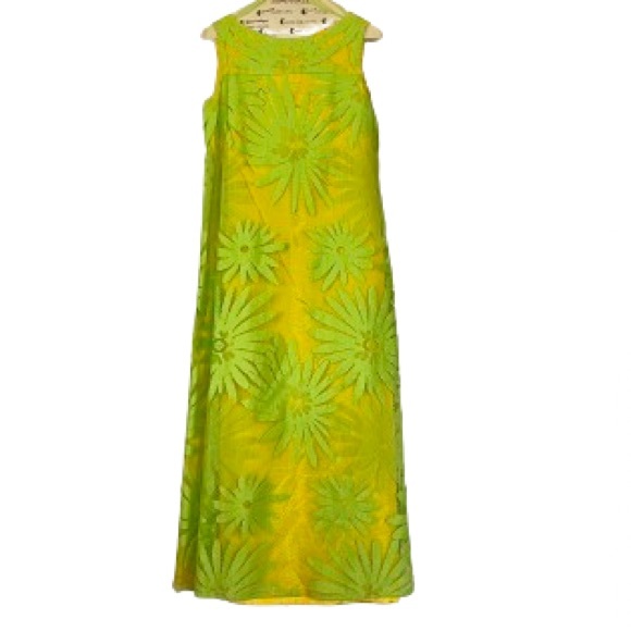 Vintage 60's Lime Green Floral Trapeze Mesh Lace Shift Dress Mod Flower Power - Picture 7 of 16